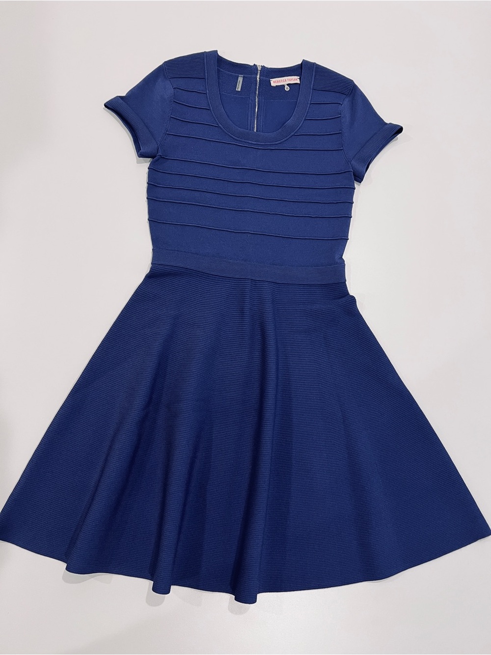 REBECCA TAYLOR Sz M Blue NWOT Runway KNIT DRESS Fit Flare Scoop Neck S/S To Knee